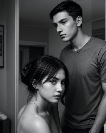 grayscale, monochrome, a young tall couple, upper body, front view, looking at viewer, portrait photography, extremely detailed, 8k, photorealistic, film grain, simple background    <lora:looking_at_viewer:1> <lora:more_details:1> <lora:picxer_real:1> <lora:silhouette:1>