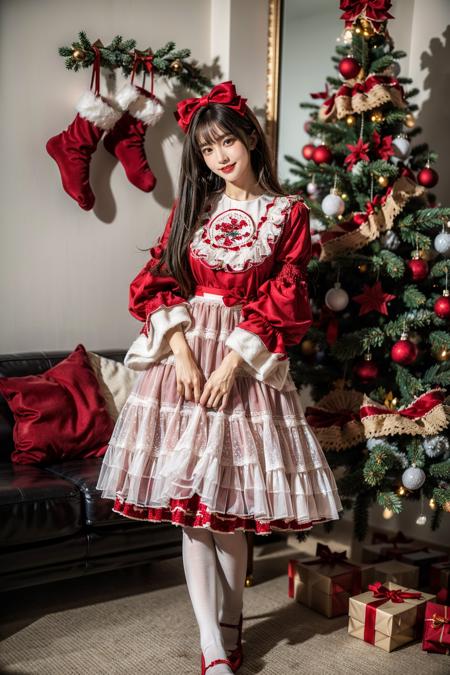 best quality, masterpiece, photorealistic, 1girl, solo, long straight hair, looking at viewer, smile, cyb dress, lace-trimmed dress, layered dress, wide sleeves, bow, red footwear, white pantyhose, indoors, christmas, christmas tree, christmas ornaments, <lora:christmas_dress_style1_v1:0.7>, <lora:add_detail:1>