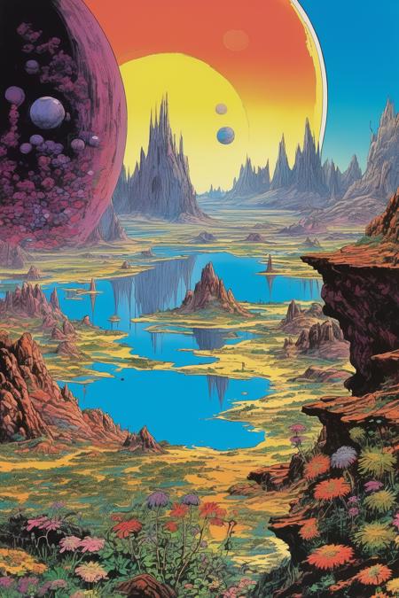 Josh Kirby Style - Vibrant funky alien planet landscape with flowers nd vast lakes and vistas, caverns and mountains in the distance, 1970s comic book sci fi art