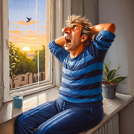 oil painting art, 
old sad male, solo, yawning, stretching arms, messy hair, dressed in a  striped shirt and blue sweatpants, sitting on windowsill, sunrise, glowing morning light, birds outside, soft and warm tones, serene atmosphere, detailed background, sad expression, cel shading, clean color, <lora:LojkinXL:0.75>  <lora:add-detail-xl:0.6>