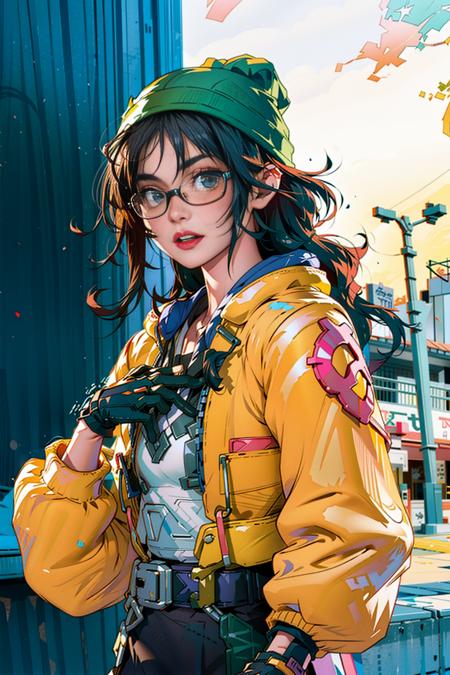 1girl, killjoy \(valorant\), cosplay, valorant, yellow jacket, glasses, gloves, green beanie, solo, upper body, outdoors, noon, streets, sunshine, standing, beautiful face, (cowboy shot), 8k, hdr, ultra highres, masterpiece,(realistic), highly detailed CG unified 8K wallpapers, (HQ skin:1.2),8k uhd, dslr, high quality, beautiful skin, attractive, ultra-high resolution, ultra-realistic, high-definition, close-up, dynamic pose, looking at viewer, <lora:KilljoyCosplay_LoRA:0.8>,