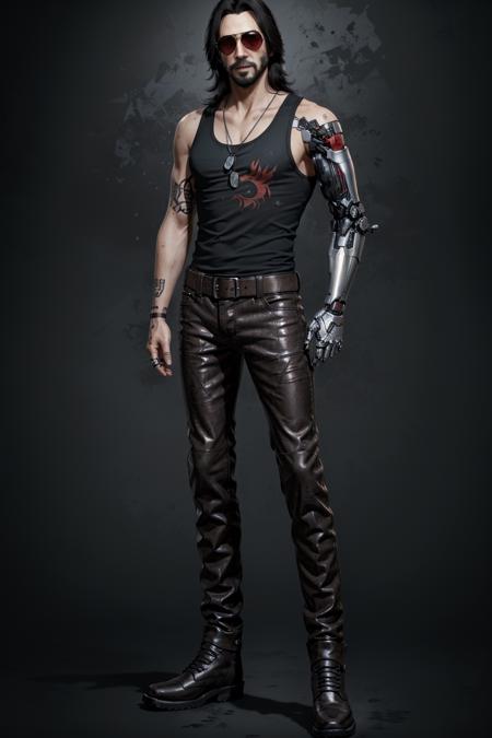 JohnnySilver, mechanical arms, solo, male focus, single mechanical arm, 1boy, facial hair, sunglasses, tattoo, tank top, beard, prosthesis, cyborg, black hair, full body, jewelry, prosthetic arm, pants, dog tags, boots, standing, belt, ring, mustache, realistic, long hair
<lora:epi_noiseoffset2:1>,   <lora:JohnnySilver:0.7>