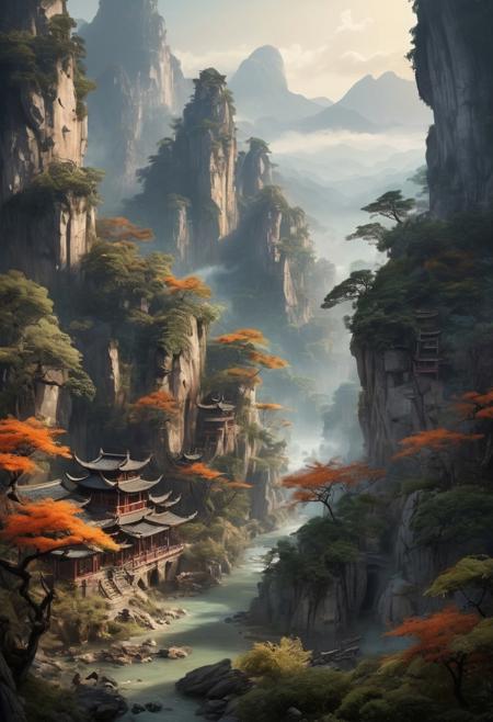 Envision a serene and tranquil idyllic retreat nestled within the ethereal beauty of ancient Xianxia-themed mountains, where misty clouds delicately wrap around the peaks, creating an otherworldly atmosphere. The landscape is dotted with ancient architecture, reflecting the elegance and refinement of a cultivation sect's stronghold. Here, mystical energy flows through enchanted forests, where immortal mountains and rivers harmonize with the natural world, fostering an environment perfect for the pursuit of martial immortality. The scene is populated with mystical creatures, adding a touch of wonder and magic to this Chinese ancient Xianxia-themed paradise., Don't be real, oil painting, done with japanese brush technique, realistic, extreme detail, scary, terrifying, dark and warm environment, 8k, looking at viewer, looming, Comic style
<lora:add-detail-xl:1> <lora:xl_more_art-full_v1:0.5>  <lora:looking_at_viewer:2>