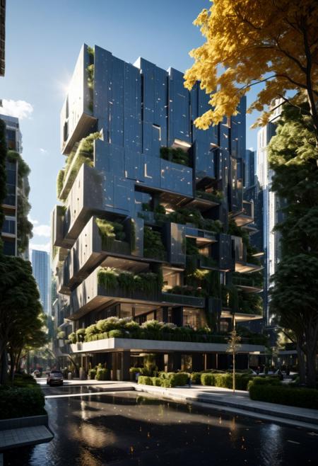 (((Modern style architecture, housing, luxury residence))),
outdoors, sky, tree, blue sky, no humans, ground vehicle, building, scenery, reflection, city, cityscape, bare tree, skyscraper, real world location,
(Large Files, Ultra Realistic, 8K, 16k, FHD, HD, VFX, Perfect, Photography, composition, Architecture Sales Photography, Architecture Competition, Ultra High Resolution, Cinematography, High Resolution Image:1.1), (dramatic lighting, direct sunlight, ray tracing, clear shadow:1.2), (real landscape:1.1), (blurred background:1.0), (urban background, more_details)  
(avant-garde, future, reality, science fiction, photorealistic), (modern architecture:1.2), White limestone with black granite, fountain, waterfall, landmark, square, path, narrow street,
(Large Files, Ultra Realistic, 8K, 16k, FHD, HD, VFX, Perfect, Photography, composition, Architecture Sales Photography, Architecture Competition, Ultra High Resolution, Cinematography, High Resolution Image:1.1), (dramatic lighting, direct sunlight, ray tracing, clear shadow:1.2),  (real landscape:1.1), (blurred background:1.0), (urban background, more_details) ,
great lighting, extremely detailed, clear, SteamPunk, futuresurban