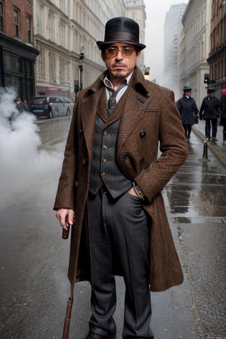 (Robert Downey Jr:1.1) as Sherlock Holmes style detective outfit, Inverness coat, deerstalker hat, a Pembroke Welsh Corgi face detective man is standing on the street in a 19th century London down town, Tobacco pipe, long nose, (steam fog:1.23),