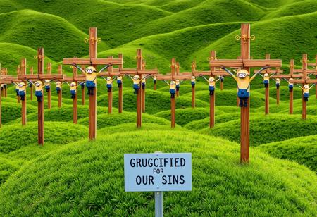 Rolling hills covered in lush green grass, numerous wooden crosses standing tall. Hanging crucified on each cross is a Minion from Despicable Me. A sign in the foreground warns, "Grucified for Our Sins".