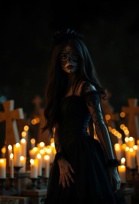 (masterpiece, best quality), score_9, score_8_up, score_7_up, masterpiece, 4k, Latina girl, alternative, long black hair, bedroom eyes, wide hips, black Victorian dress, dia de los muertos makeup, painted, black veil over face, in a cemetery at night, candles everywhere, dark background, vignette, dynamic lighting, dynamic shadows, bokeh, low light, depth of field, highly detailed, high contrast, film grain, Rim Lighting, pixar style