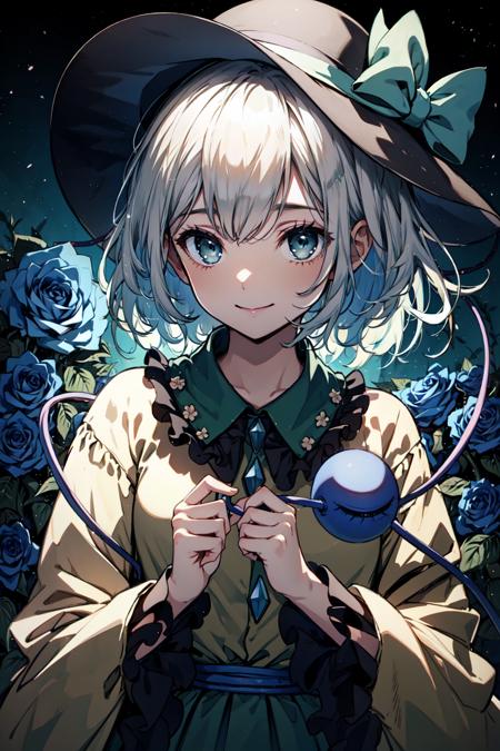 masterpiece, top quality, best quality, official art, beautiful and aesthetic,
1girl, solo, komeiji koishi, third eye,hat, blue flower, blue rose, bow, long sleeves, flower, letterboxed, rose, looking at viewer, shirt, hat bow, smile, black headwear, yellow shirt, upper body, heart, short hair, frills, heart of string, ribbon,bangs, hat ribbon,
extreme detailed,highest detailed, optical mixing, playful patterns, lively texture, unique visual effect,