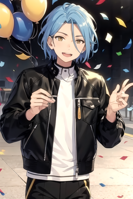 <lora:HiMERU:0.7> , himeru, solo, looking at viewer, smile, short hair, open mouth, shirt, long sleeves, 1boy, holding, hair between eyes, blue hair, jacket, yellow eyes, white shirt, male focus, collared shirt, black jacket, confetti, leather jacket, streamers