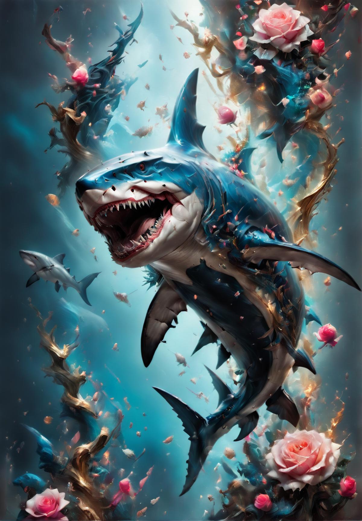 A colorful, digital painting of a shark with open mouth and big teeth, surrounded by seaweed, pink flowers, and other marine creatures.