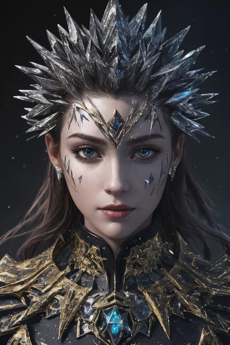 Highly detailed, hyper-detailed, high definition visual description:

A female figure emerges from a backdrop of shattered black ice crystals, her skin glistening with an intricate pattern of 24-karat gold. The metallic sheen is applied with calculated precision, each scale and fold meticulously defined. (Weight: 0.8) Her facial features are rendered in delicate relief, with hyper-realistic texture and shading. Eyes are burnished to a deep, rich brown, while lips are painted a subtle shade of crimson. Hair appears as a wild tangle of dark strands, frozen in mid-motion as if interrupted by an unseen force. (Weight: 0.4) The shattered ice crystals behind her seem to have been crafted with precision, each shard reflecting light and casting eerie shadows across the surrounding environment. The overall atmosphere is one of foreboding tension, as if the very fabric of reality has been disrupted.