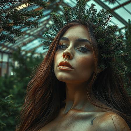 ((masterpiece:1.3)), HDR, 32K, dynamic angle, hybrid woman creature; fusion of a voluptuous brown haired woman with fir needles-like growths, abandoned greenhouse, overgrown foliage, bioluminescent pines, intense expression, vibrant colors, in this place nature's elegance reigns supreme.