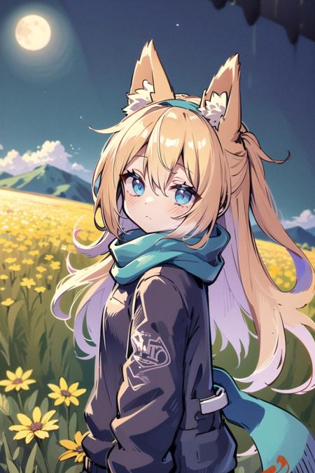 (masterpiece), (best quality), (highly detailed), dynamic angle, 1 cute girl in outdoors, looking back, blue scarf, beautiful blue eyes, (long hair), fine blonde hair, blue hairband, fox ears, black gloves, black jacket, blush, night, cloud, field, mountain, day, (yellow flower field:1.2), shooting star,full moon