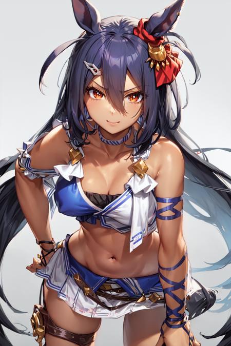 masterpiece, best quality, 
hishi amazon \(umamusume\), 
crop top, bandeau, white choker, single sleeves, arm ribbon, pleated skirt, thigh strap, white skirt, miniskirt, bikini skirt, layered skirt, thigh strap, leg ribbon, blue footwear, 
hand on hip, hand on own thigh, leaning forward, 
 <lora:hishi_amazon_lora:0.8>