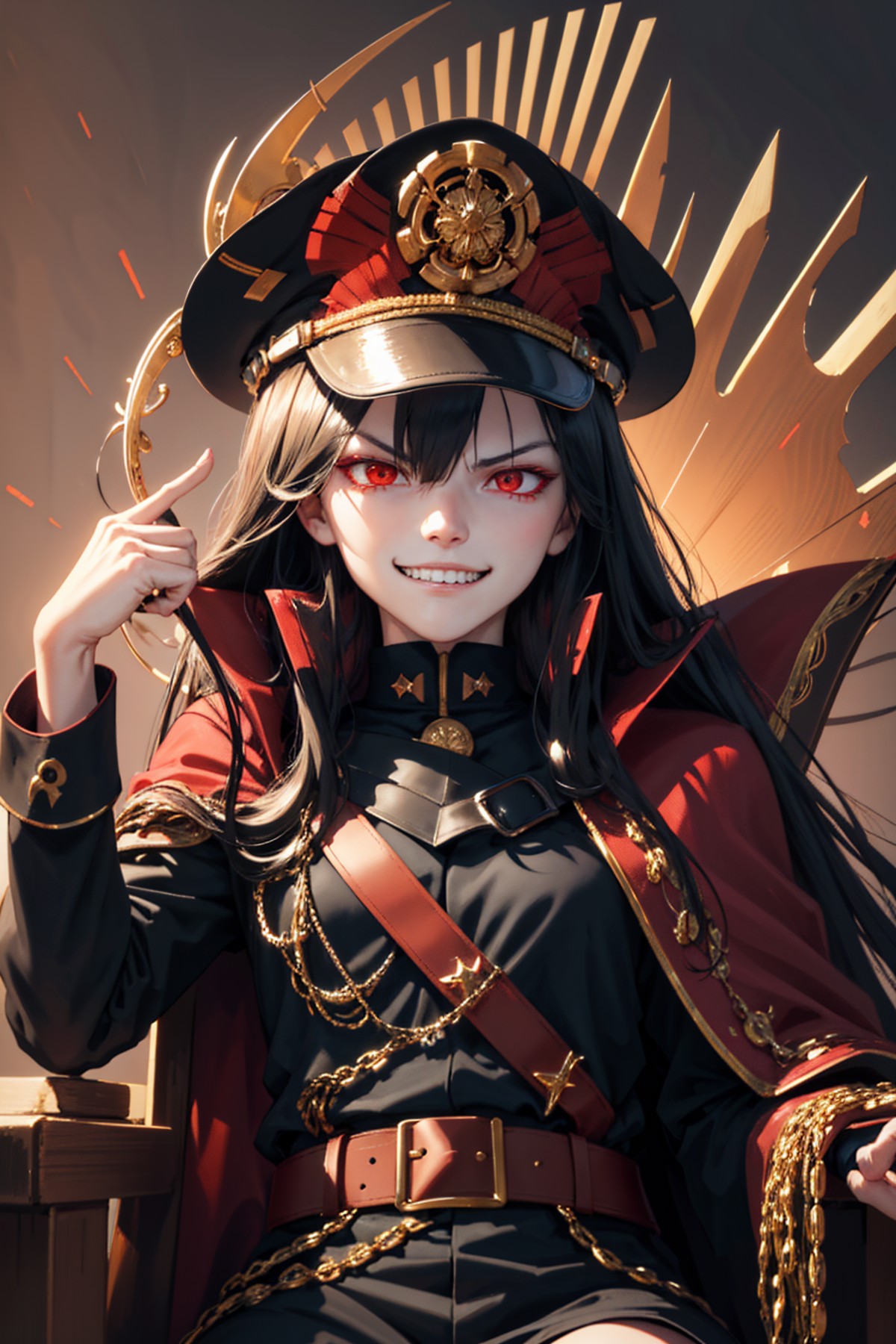 (detailed face and eyes:1.3),
<lora:oda-10:1>,oda_smoll,hat,cape,red eyes,military uniform,black hair,(evil smile:1.4),(ev...