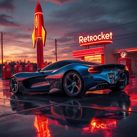 professional magazine photo, cinematic composition, 8k, 4k, 1950s retro-futurism, science fiction, perfect reflections, ray tracing, a highly detailed, high-resolution photo of an exciting luxurious, retro-futuristic supercar gleaming under the neon glow of a vintage gas station, a vision of 1950s-inspired atomic-age design, fused with cutting-edge technology, its sleek, aerodynamic bodywork features flowing curves, pronounced tailfins, and a bubble-shaped canopy, reminiscent of classic mid-century concept cars, polished chrome trim reflects the ambient light, while its vibrant metallic paint - indigo blue with polished chrome accents - shimmers with a soft pearlescent finish, whitewall tires with turbine-styled hubcaps complete its striking silhouette, the car's headlights are on, casting bright beams onto the rain-slick pavement, the light refracting in shimmering reflections. the setting is an atmospheric retro-futuristic gas station, bold red and white signage displays the text: "Red Rocket" in classic americana typography, its iconic towering rocket-shaped sign glowing softly against the twilight sky, red vintage fuel pumps stand in a row, showcasing the golden age of optimistic engineering, the concrete forecourt is slick from a recent rain shower, casting shimmering reflections of neon, the sky is a rich blend of twilight hues, with the last golden light of sunset fading into a deep blue, the first stars appearing above,
