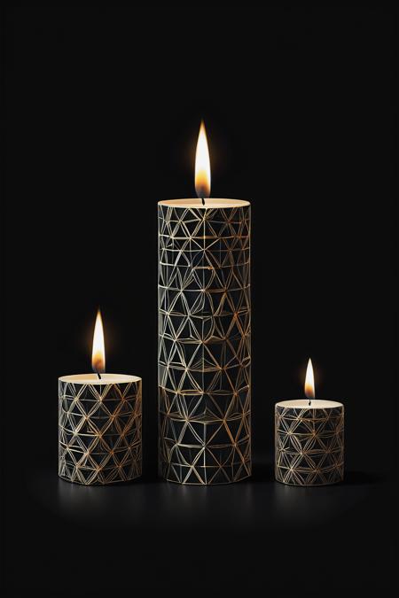create a visually striking image of a (candle) made of different geometric shapes like square,  circle,  triangle etc,  black background,  extremely high detailed,  superior high quality