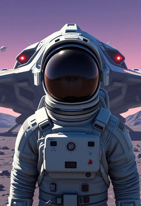 A full suit astronaut (visor is fully reflective and cannot be seen through) standing in front spaceship that recently landed on new planet, he is looking over the horizon. Set in the art style of the video game no man's sky. Have the camera further back. And have the spaceship similar style to an x-wing from star wars, more horizontal.