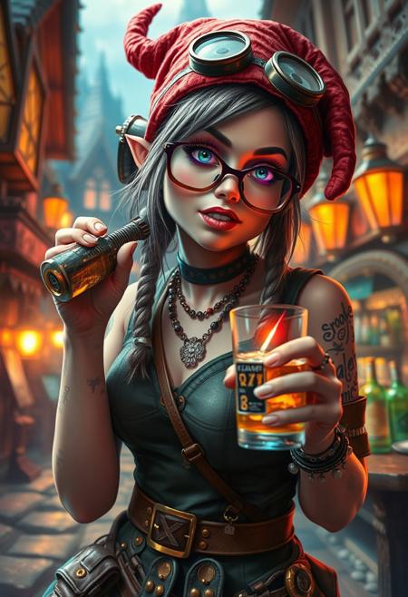 (Acrylic Style), Punk Gnomish woman, cheeky, inventor, space lasers, alcohol, full glass, fantasy village background, (posing for photo), (depth of field), (dynamic angle), (fine textures details), (sharp), (autistic image)