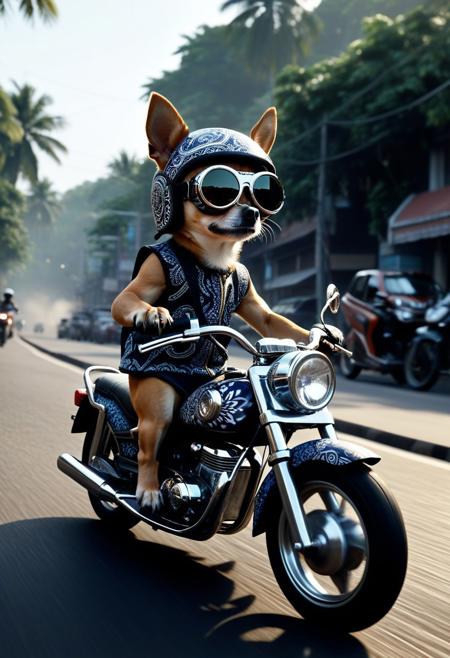 (Made of Indonesian Batik:1.3), from side, cute small motorcycle Made of Indonesian Batik, chihuahua driving, (wear round goggles:1.2), wear animal ears helmet, run through on city road, Dust, cinematic, cinematic lighting, (masterpiece, best quality:1.4), ultra-high res, 4k, Photorealistic, insanely detailed, sfw,