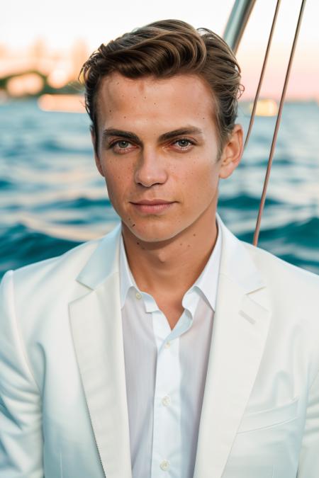 raw photo of a man, on a yacht on the ocean, short hair, stunning white suit, (extreme close up), 8k uhd, fujifilm xt3