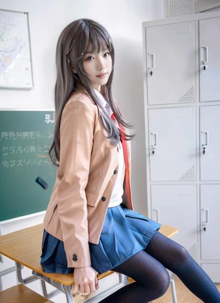 Mai Sakurajima, 1girl, solo, long hair, looking at viewer, bangs, skirt, black hair, brown eyes, sitting, school uniform, jacket, pantyhose, pleated skirt, indoors, black eyes, lips, blue skirt, black pantyhose,  desk, brown jacket, realistic, classroom, school desk, locker, on desk, sitting on desk, <lora:mayi_cosplay_v1:0.7>