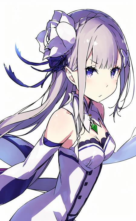 masterpiece,1girl, solo, gloves, elbow gloves, blue eyes, thighhighs, dress, white gloves, white thighhighs, looking at viewer, breasts, crown, white dress, veil, short hair, center opening, white hair, small breasts, white background, bare shoulders, outstretched arms, parted lips, simple background, bangs,emilia (re:zero)  <lora:emilya:1:MIDD>