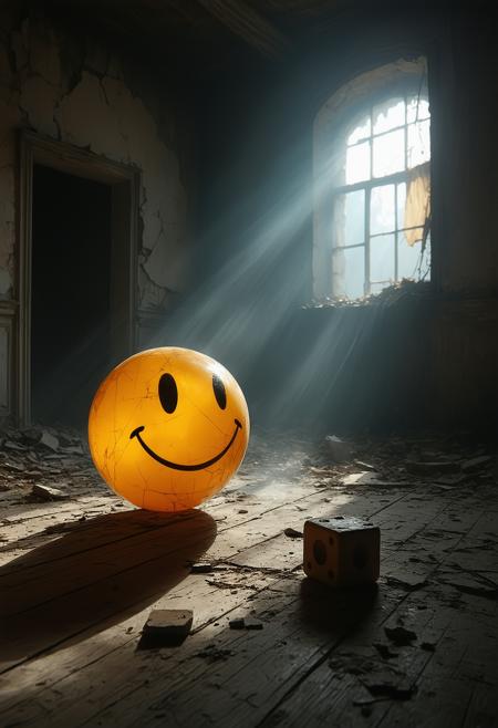Extreme low-angle, worm's-eye view: a luminous ping-pong sphere, crudely drawn smiley face, hovers, slowly rotating. Monumental against a dust-choked, cobweb-strewn abandoned playroom, subtly blurred background. Cinematic lighting by Darius Khondji, Magritte-esque surrealism; dramatic chiaroscuro, shallow depth of field. Muted desaturated umbers and greys, pierced by the sphere's vibrant orange glow. Single overhead spotlight casting long, eerie shadows. Smooth scuffed plastic, brittle wood, silken cobwebs. Unsettling nostalgia, playful menace. Motes of dust dance in the light beam; a forgotten toy block in deep shadow.