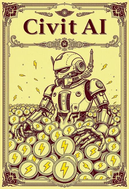A  vintage stock certificate for a company called "CivitAI".
design in green, among maroon ink, featuring a detailed illustration of a cyborg coming to life amonst a sea of gold coins marked with a yellow lightning bolt.