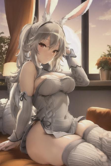 ffviera  <lora:ffviera:1>, (masterpiece), (best quality), wearing a tight ((light grey knitted virgin_killer sweater dress)), panties, (white thighhigh socks), reclined, sitting, living room, window, setting sun, orange sky, sofa