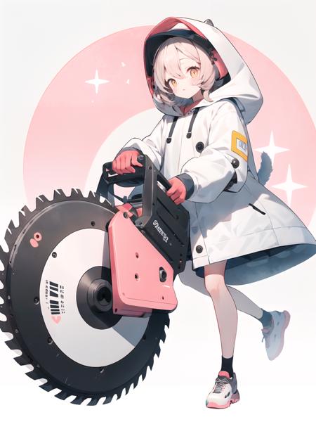 masterpiece, best quality,(cute illustration:1.2),(pastel color:1.3),(watercolor:1.1),(kawaii, cute, sweet:1.3),
1girl,cat,full body,oversized hooded jacket, 
BREAK
(circular saw:1.2),holding huge circular saw, <lora:weapon_v01_cute:0.7>