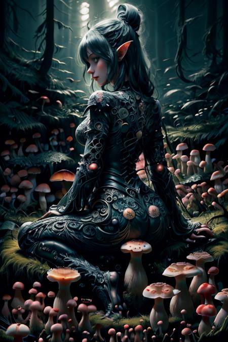 fairy tale, dark witch, dark forrest, at night, backlight, mythical forest, mushroomz <lora:ral-mushroomz-sd15:1>