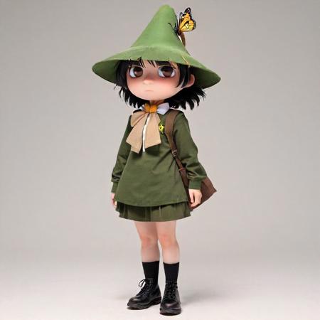 crossover, brown eyes, wading, butterfly, looking at viewer, shirt, rock, bow, nature, rabbit girl, simple background, looking up Snufkin, uniform, black hair, black footwear<lora:Moomin-000005:1>