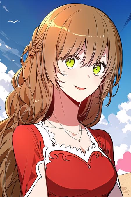 (small breasts:1.20), <lora:Raeliana_v2b:1.0> raeliana, brown hair, 1girl, solo, long hair, wavy hair, red dress, standing, slender, smile, pale skin, parted lips, embarrassed, portrait, sky, heart shaped clouds, masterpiece