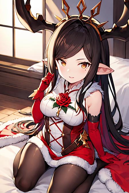 <lora:arulumaya29yo:1.0>
xmasmaya ,pantyhose ,red dress ,antlers   ,red rose, fur trim, red cape, gloves
(breasts:0.8),female,
indoors,wariza