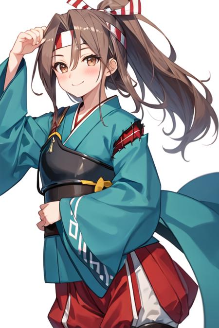 best quality, masterpiece, highres, solo, {zuihou_kantaicollection:1.15}, long_hair, brown_eyes, ponytail, brown_hair, headband, hachimaki, high_ponytail, smile, blush, 1girl, japanese_clothes, light_brown_hair, looking_at_viewer, muneate, simple_background, white_background, upper_body, hair_between_eyes, one_eye_closed