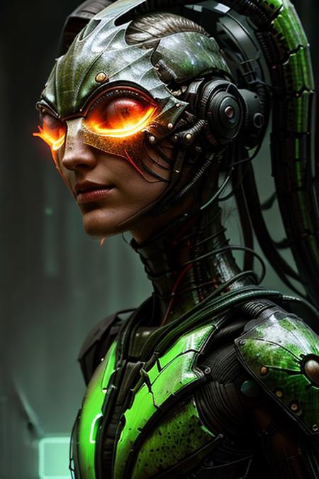 portrait of dark crab female person (long neck, slender arms)) massive headdress, bio armor, (luminescen green glowing) floating particles, insect textures, scifi