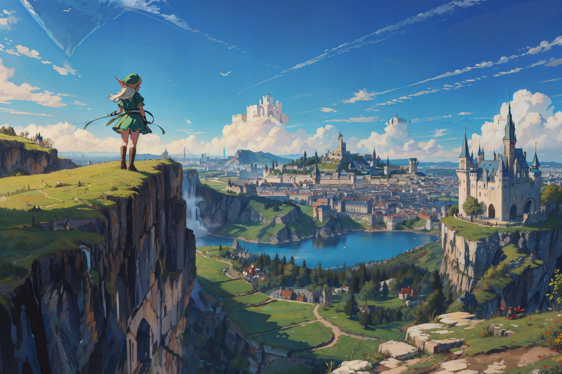 masterpiece, best quality, elf girl on top of a cliff, overlooking a big city with castle at the side of a mountain, aeria...