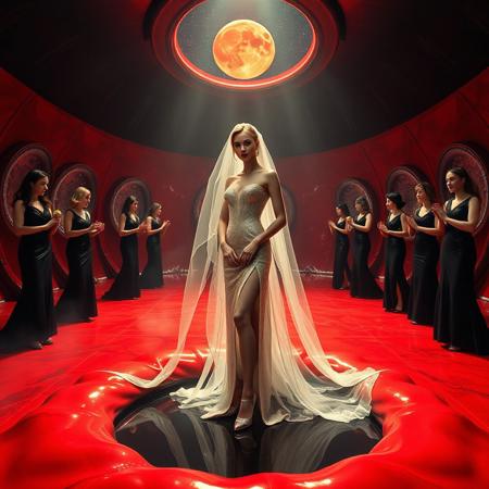 high-society elegant slender norvegian  rich   innocent young bride wearing   glossy silver high heels and glossy transparent slime  high slit wedding dress with matching long veil. She posing  in center of the floor hole, filled with glossy black slime, surrounded by ladies wearing elegant black gowns and high heels, pulling her toward  giant slime covered glossy red foil breeding bed, eerie fog that wafts up from the fleshy jelly floor, encased in light beam from the chamber celling, awaiting her alien master, strugging to break free and escape, glossy live wet-look jelly walls, whorish breeding chamber, colossus observation portholes to outer space full of stars, bright red moon, vintage-inspired makeup, long hairs, ultra thin waist, evil grin, porcelain skin, lipstick, red nails, in the style of a haunting, retro-futuristic 1950s sci-fi nightmare, horror, alien space base,