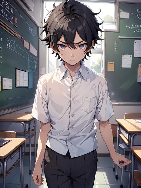 1boy, male, solo, age13, black hair, black eyes, detailed eyes, wearing white shirt untucked (short sleeves), wearing blue lanyard, wearing black slux pants, classroom, anime, high quality
