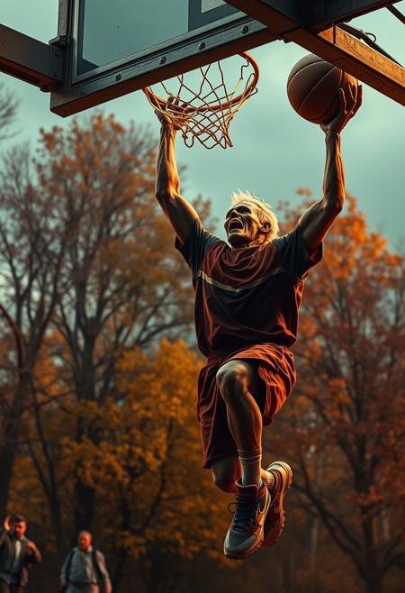 A photorealistic image presents a zombie basketball player performing a dramatic dunk, rendered in warm autumn colors. The earthy tones and cozy atmosphere contrast with the horrific subject matter.  Intense action and lighting are key components.