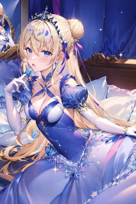 1girl, breasts, solo, long hair, blonde hair, dress, cleavage, blue eyes, mirror, tiara, gloves, frills, elbow gloves, pillow, white gloves, looking at viewer, hair bun, blush, blue dress, jewelry, short sleeves, puffy sleeves, puffy short sleeves, gem, hand mirror, perfume bottle, medium breasts, ribbon, bow, hair between eyes, frilled dress, bangs, hair ribbon, layered dress, very long hair, bed, indoors, double bun, cosmetics, (masterpiece,best quality)