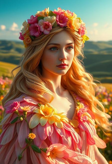 Masterpiece. A close-up portrait of the goddess Flora, the Roman deity of flowers, spring, and renewal. She is depicted as a graceful figure with flowing hair adorned with a crown of vibrant blossoms. Her attire is a flowing, ethereal dress made of petals in shades of pink, green, and gold, symbolizing the abundance of nature. Surround her with a lush garden filled with colorful flowers in full bloom and a soft golden light that enhances the scene's magical and serene atmosphere. The background should include rolling meadows and a clear blue sky. beautiful woman, inspiring, flower, high-res, semi realistic, best quality, intricate details, ultra details, good lighting, vibrant colors, very detailed, octane render, ray tracing