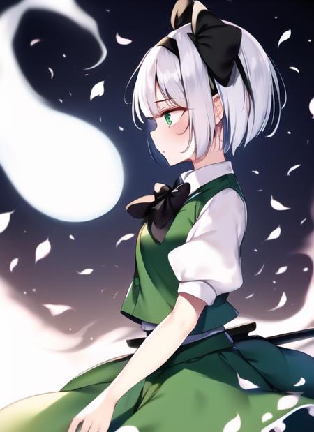 <lora:ke-ta-000030:1>, konpaku youmu, konpaku youmu (ghost), touhou, ke-ta, 1girl, aqua eyes, backlighting, bangs, black bow, black bowtie, black hairband, black ribbon, blunt bangs, bow, bowtie, cowboy shot, from side, ghost, green skirt, green vest, hair ribbon, hairband, katana, petals, profile, puffy short sleeves, puffy sleeves, ribbon, sheath, shirt, short hair, short sleeves, skirt, solo, sword, unsheathing, vest, weapon, white shirt