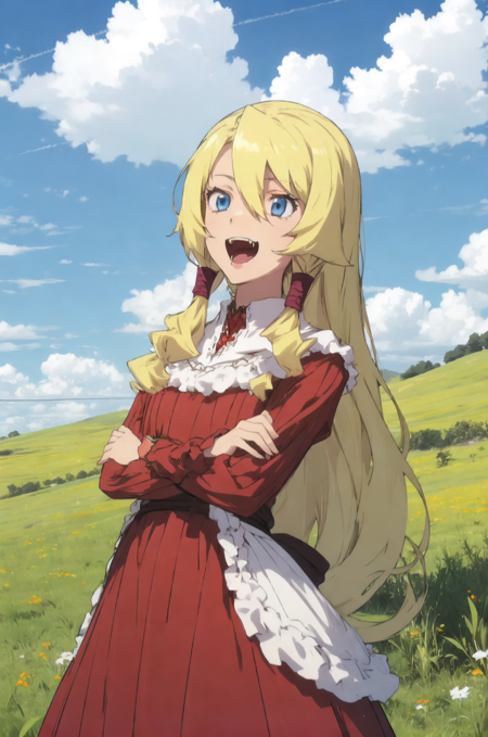 lashara_earth, blue eyes, blonde hair, 1girl, solo, dress, red dress, long_hair, hair_ornament, hair_between_eyes, folding arms, laughing out loud, fangs, outside, blue sky, white clouds, grassland,