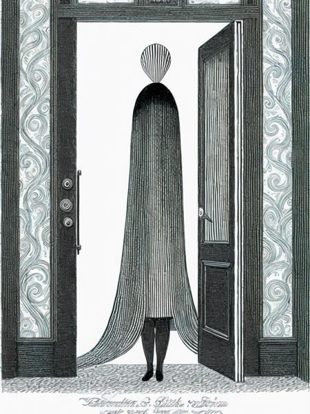 <lora:EdwardGorey:1>a drawing of a woman standing in front of a door with a giant squid sticking out of it's side by Edward Gorey