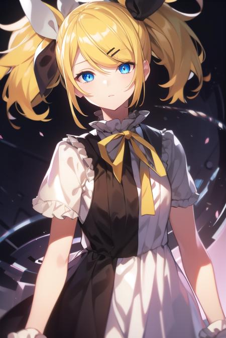 kagaminerin, <lora:rinkagaminemeltdown-lora-nochekaiser:1>,
rin kagamine, short hair, blue eyes, blonde hair,
BREAK dress, bow, short sleeves, frills, detached sleeves, frilled sleeves, black sleeves, hair ornament, ribbon, twintails, hair bow, hair ribbon, hairclip, swept bangs, (meltdown costume:1.5),
BREAK looking at viewer,
BREAK outdoors,
BREAK <lora:GoodHands-vanilla:1>, (masterpiece:1.2), best quality, high resolution, unity 8k wallpaper, (illustration:0.8), (beautiful detailed eyes:1.6), extremely detailed face, perfect lighting, extremely detailed CG, (perfect hands, perfect anatomy),