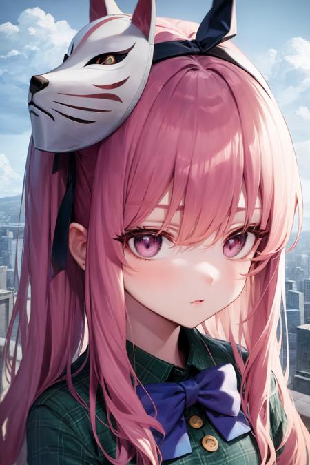 (1girl, koko), (close-up, intricately detailed face and eyes, face focus, portrait:1.1), blue shirt, bow, bowtie, buttons, collared shirt, expressionless, eyebrows hidden by hair, fox mask, long hair, long sleeves, mask, multicolored buttons, pink eyes, pink hair, plaid, plaid shirt, purple bow, purple bowtie, shirt, solo, very long hair, ruins of city, view from above, above clouds, leafs