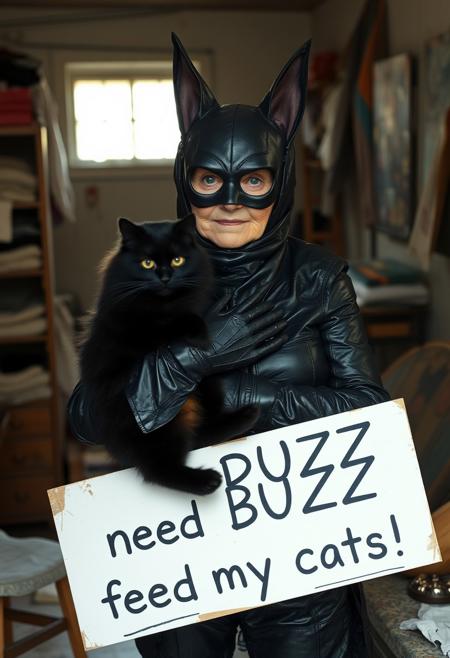Closeup of old 77 year old Catwoman from batman movie in worn catsuit crafted from  thrash bags standing and holding chubby black cat in her dilapitated apartment with 30cats, sunlight coming from window, she is holding sign "need BUZZ to feed my cats"