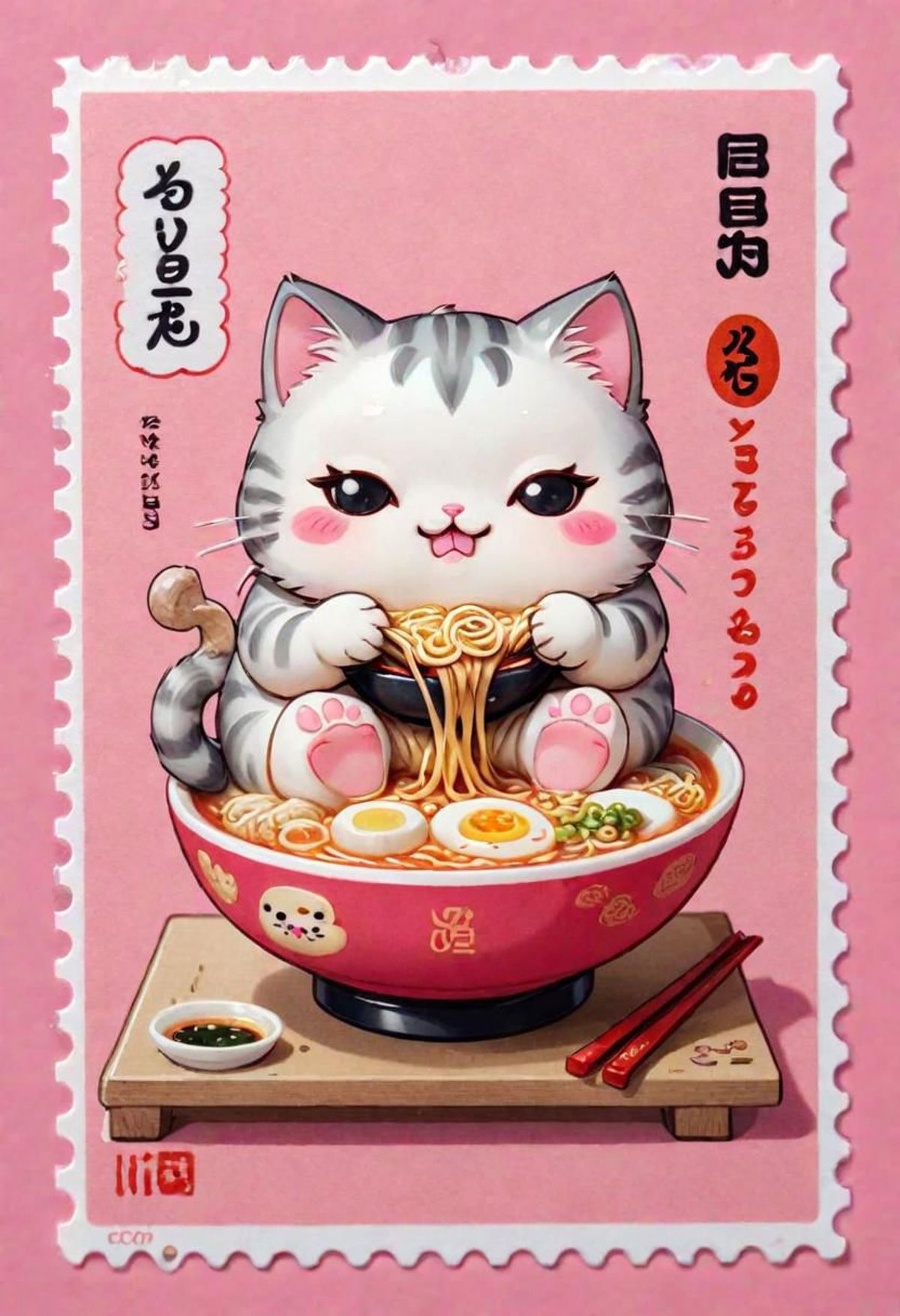 A cartoon kitten sitting in a bowl of noodles.